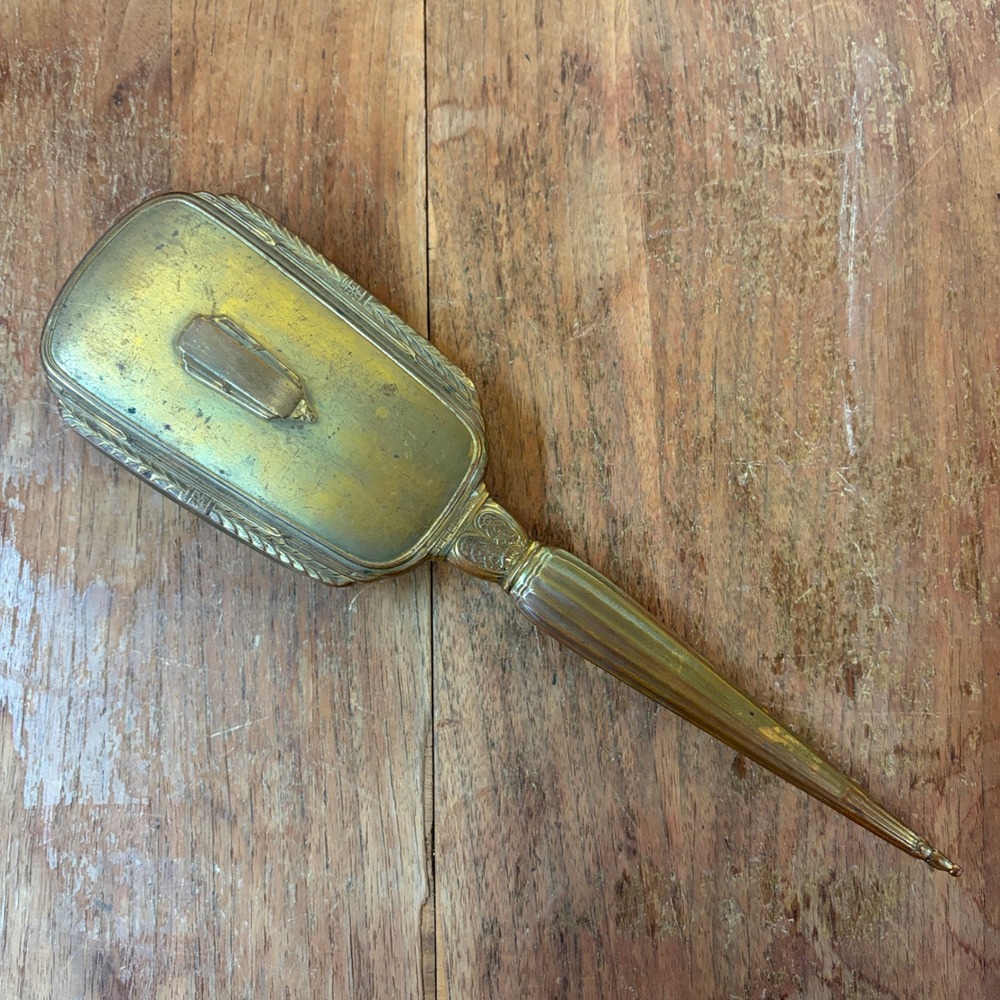S&B Saart Bros Gold Tone Vintage Vanity Brush Art Deco Metal Wood